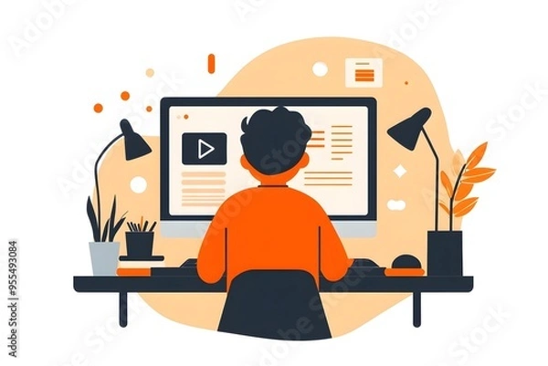 Fototapeta A line icon of a person watching a video on a computer screen, representing the concept of video marketing strategy and digital content engagement