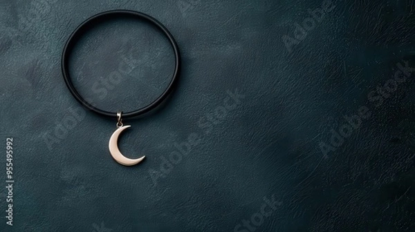 Fototapeta A thin choker with a minimalist moon charm, black and silver, high contrast, dark background