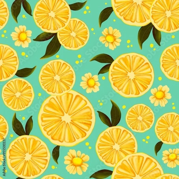 Fototapeta Seamless pattern with lemons on Pacific blue background. Perfect for fabrics, kitchen designs. 