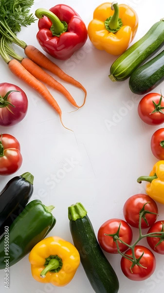 Fototapeta A vibrant assortment of fresh vegetables including carrots, tomatoes, bell peppers, leafy greens, and herbs arranged artistically on a white background.