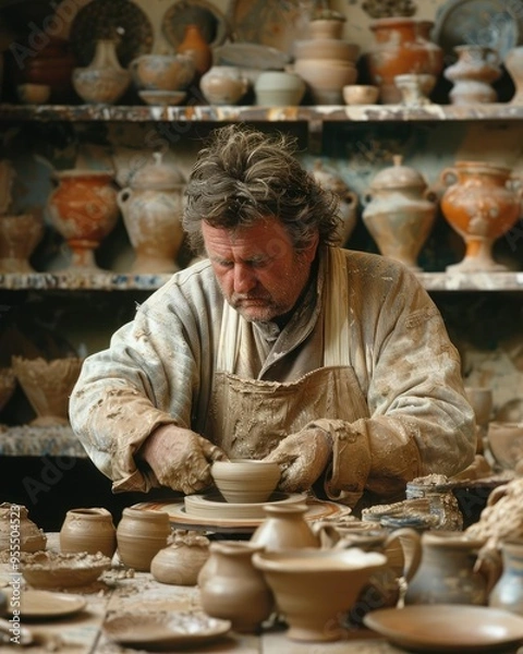 Fototapeta Ceramic studio scene, potter shaping clay on a wheel, surrounded by handmade pottery pieces, capturing the essence of craft
