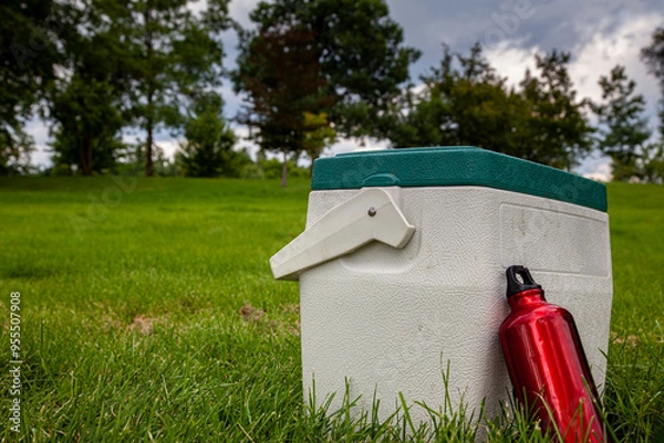 Fototapeta White cooler box with green lid and a red water bottle on a green lawn in a park with trees in the background