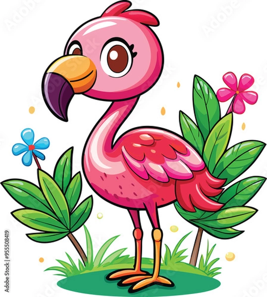 Fototapeta Cute cartoon isolated Flamingos on the beach