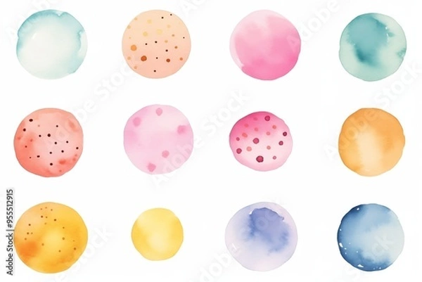 Fototapeta Set of colorful watercolor hand painted round shapes, stains, circles, blobs isolated on white 