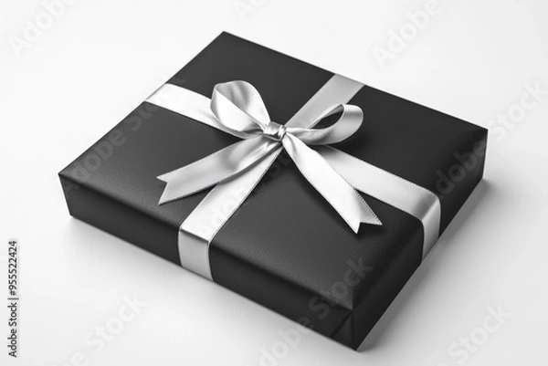 Fototapeta Elegant Black Gift Box with Shiny Silver Ribbon on White Background - Perfect for Celebrations