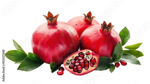 Fototapeta A Glorious Display of Three Ripe Pomegranates Surrounded by Fresh Green Leaves Against a Solid Black Background
