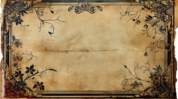 Fototapeta Vintage ornate paper with floral border, isolated on transparent background