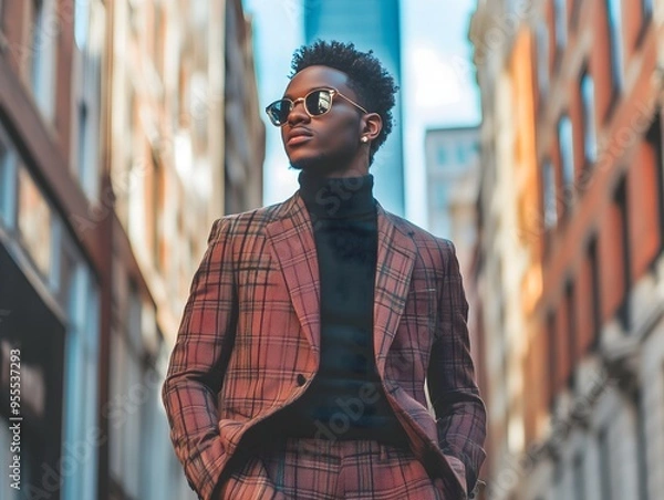 Fototapeta A  male model exudes style in a designer jacket, black top, and sunglasses, confidently strutting through the vibrant streets of Soho, NYC.