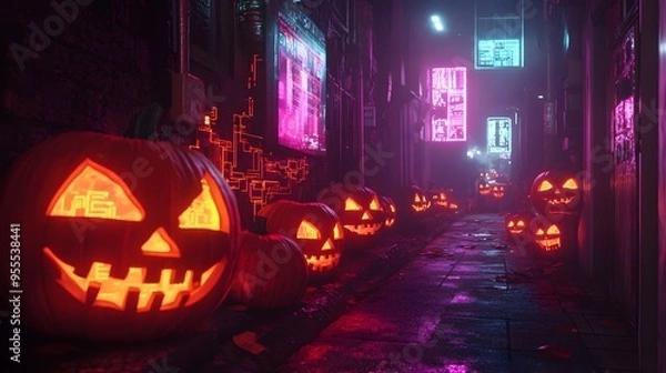 Fototapeta Cyberpunk inspired Alleyway Illuminated by Pulsing Neon Lights and Holographic Projections