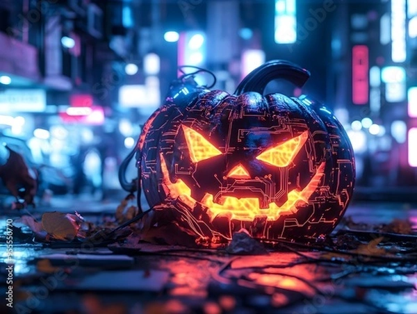 Fototapeta Cybernetic Jack o  Lantern Pulsing with Luminous Circuitry and Holographic Runes in Moody
