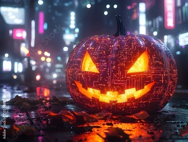 Fototapeta Cybernetic Jack o  Lantern Pulsing with Luminous Circuitry and Holographic Runes in Moody Urban