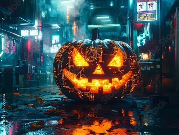 Fototapeta Cybernetic Jack o  Lantern Pulsing with Luminous Circuitry and Holographic Runes in Neon Soaked