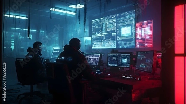 Fototapeta Skilled Hackers Infiltrating Paranormal Infused Network on All Hallow s Eve