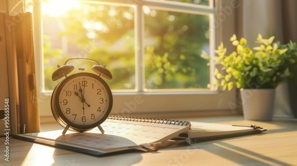 Obraz A serene workspace featuring an alarm clock and a notepad by the window, capturing the essence of morning productivity.