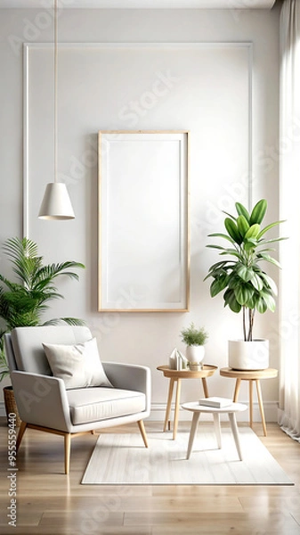 Obraz Contemporary modern home space, clean minimalist interior, frame mockup, 3d rendering, white Mock up frame