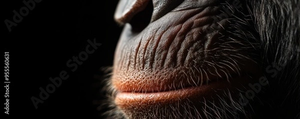 Fototapeta Macro shot of a monkey's nose and mouth highlighting fine details of wrinkles and texture