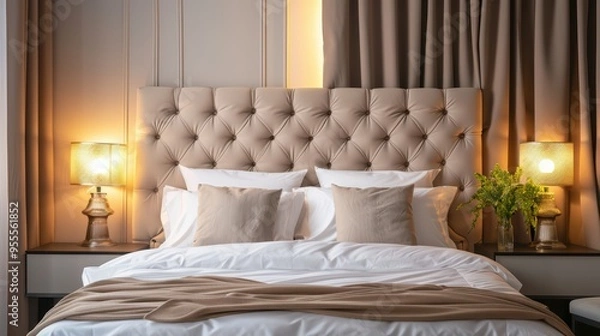 Fototapeta Elegant bedroom design featuring a plush headboard, soft linens, and warm lighting, perfect for stylish home interiors.