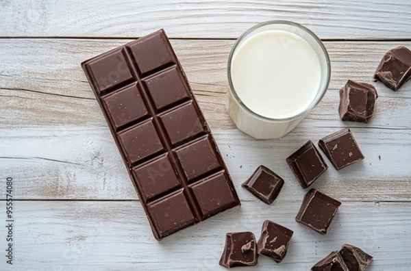 Fototapeta Chocolate and Milk on White Wooden Background