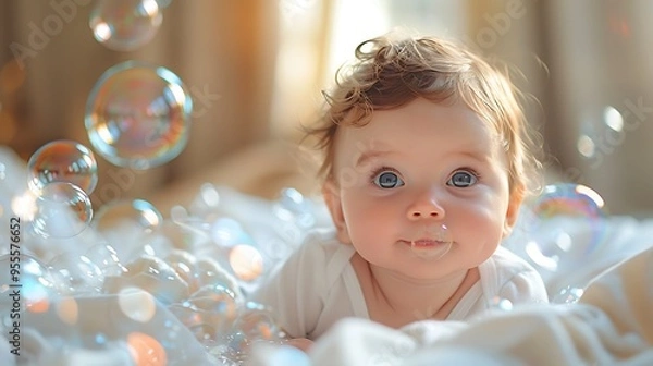 Fototapeta A baby with blue eyes looks up in wonder at a floating bubble.