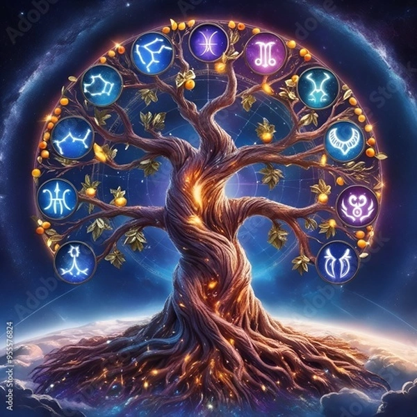 Fototapeta The Cosmic Zodiac Tree A Celestial Garden of the Signs