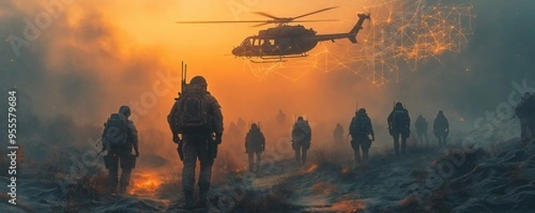 Fototapeta Soldiers Marching Under a Glowing Sunset with Helicopter Support and Digital Network, Representing Military Strategy and Unity