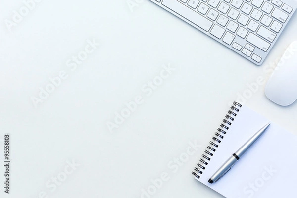 Obraz Creative Office Bright Table with Computer Keyboard Mouse Notepad and Executive Pen Top View with Copy Space