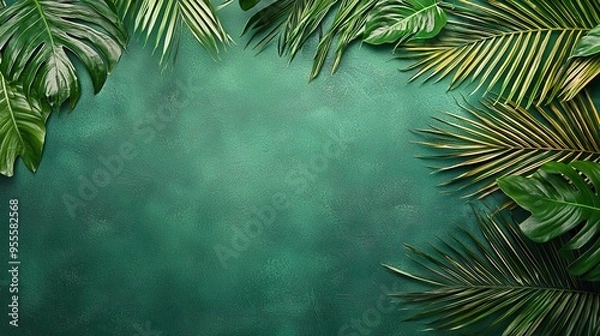 Fototapeta Lush green tropical leaves framing a textured backdrop, perfect for nature-themed designs and environmental concepts.