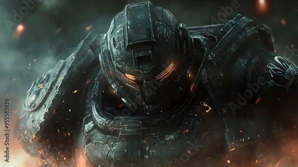 Fototapeta Battle Hardened Space Marine in Heavy Combat Armor Exuding Unwavering Determination