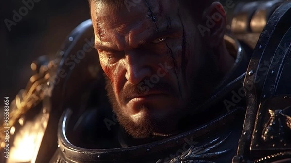 Fototapeta Steadfast Space Marine in Battle Worn Armor Exudes Unwavering Determination