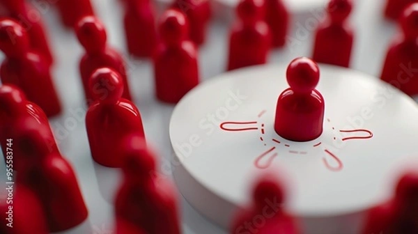 Fototapeta A unique focus on a central figure surrounded by red figurines, symbolizing leadership and individuality in a crowd.
