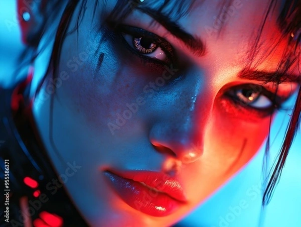 Fototapeta Captivating Futuristic Character Study with Striking Makeup and Contemplative Expression