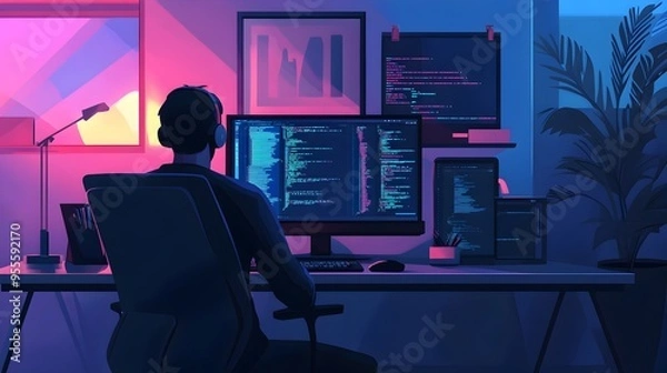 Fototapeta Seasoned Full Stack Engineer Expertly Integrating Cloud Based Technologies in Minimalist Workspace