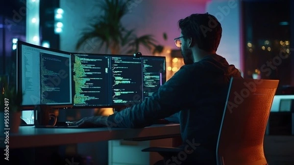 Fototapeta Skilled Full Stack Engineer Immersed in Cloud Based System Complexities with Clean Modern Workspace