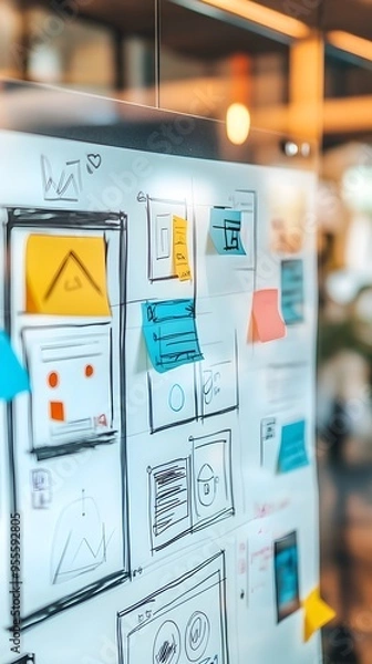 Fototapeta Vibrant Hand Drawn Website Wireframe on Glass Whiteboard Showcasing Lively UX Design Brainstorming
