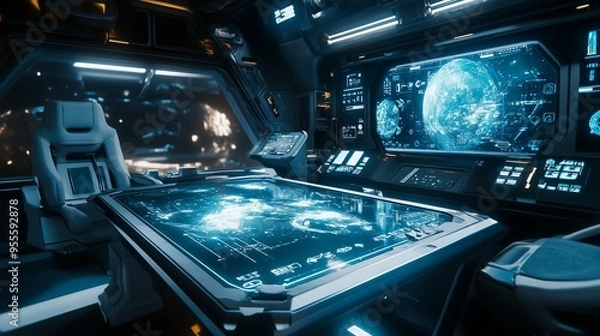 Fototapeta Futuristic control room featuring advanced technology, digital displays, and starry backdrop in a spacecraft during space exploration