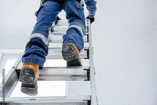 Fototapeta Construction worker climbing a ladder in safety gear, showcasing focus on protective clothing and secure work environment