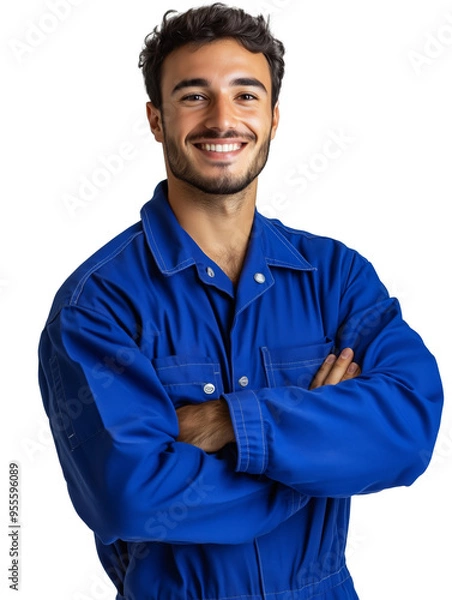 Fototapeta Smiling worker in blue uniform crossing arms, confident expression