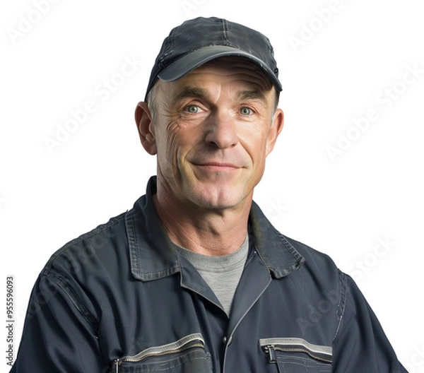 Fototapeta Middle-aged man in work uniform and black cap smiling confidently
