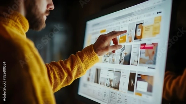 Obraz Individual Navigating and Manipulating Minimalist Website Prototype on Touchscreen Display