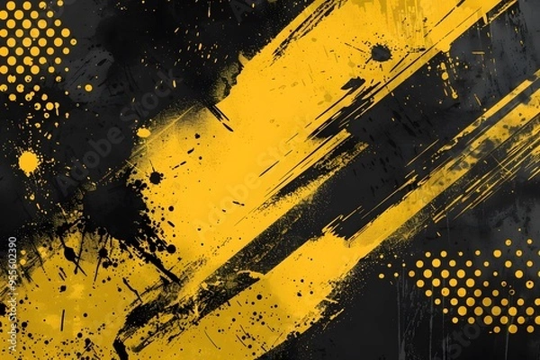 Fototapeta Dynamic Yellow and Black Abstract Background with Splashes and Dots