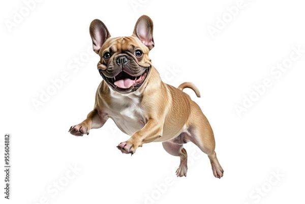 Obraz French bulldog in mid-jump, exhibiting joy, full body visible, isolated on a pure white background, high quality stock photo, crisp edges, bright lighting, high resolution, ultra clear