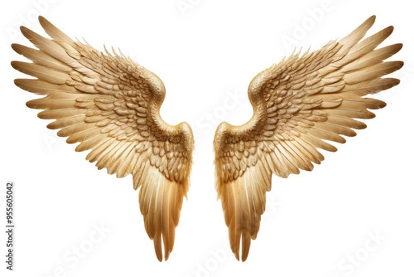 Fototapeta Golden angel wings, perfectly symmetrical, isolated from each other, against a flawless white background, captured as a high-quality stock photograph, featuring precise feather detailing