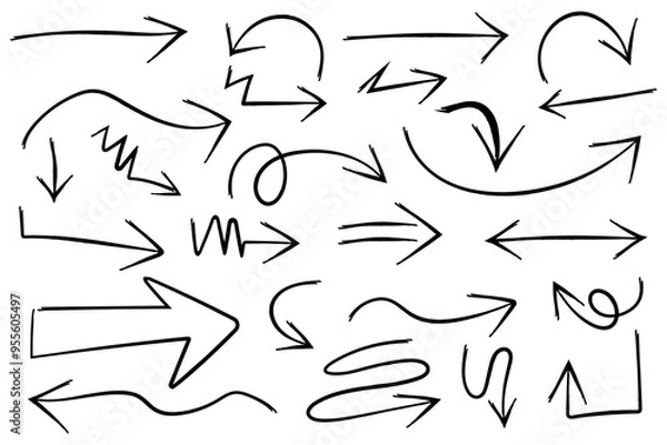 Fototapeta Arrow marker pen line strokes. Hand drawn sketch arrow direction icon set.