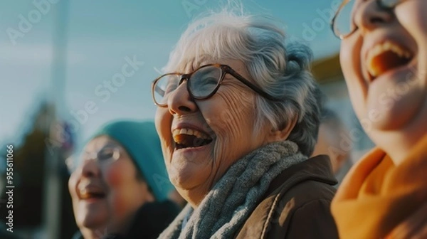 Obraz A group of seniors share laughter and warmth during a cheerful gathering outdoors