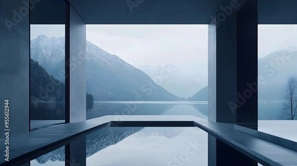Fototapeta Captivating Parallax Enabled Website Layout with Serene Lakeside Scenery and Brutalist