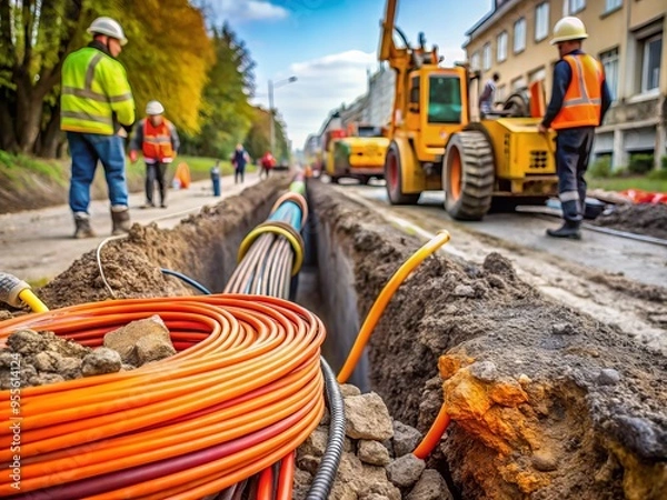 Obraz A close-up of a fiber optic cable being carefully placed into a trench alongside a road during construction,