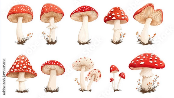 Fototapeta Illustration, set of Fly agaric isolated on white background, design for nursery. Fly agaric design for children’s book, school, education. Design element for autumn mockup.