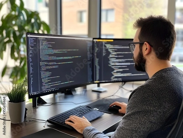 Fototapeta Proficient Programmer Streamlining Website with API and Dual Monitor Setup for Enhanced Productivity