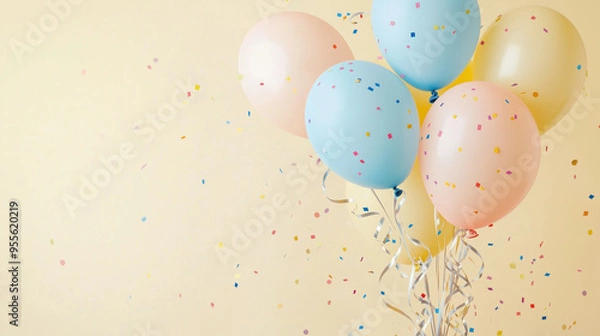 Fototapeta A festive arrangement of pastel-colored balloons and confetti on a soft yellow background. Perfect for birthday celebrations, parties, and joyful events
