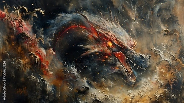 Obraz A fiery dragon emerges from a swirling cloud of smoke and ash, its glowing eyes piercing the darkness.